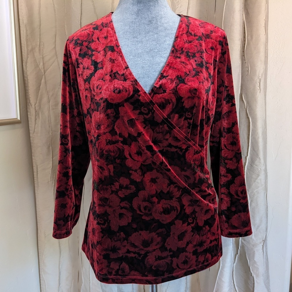 Dark Floral Velvet Faux Wrap Top L Surplice V Neck Romantic Whimsigoth Red Black